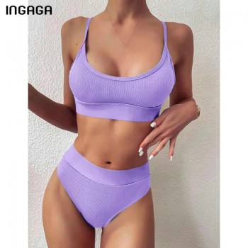 INGAGA High Waist Bikinis 2021 Swimwear Women Push Up Swimsuits Solid Brazilian Bikini Ribbed Biquini Strap Swim Bathing Suits